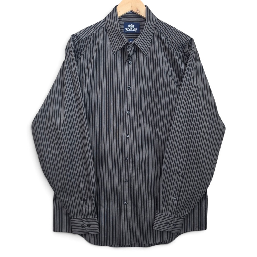 Stafford Dress Shirt Mens 16.5 36/37 Black Button Up Striped Wrinkle Free Career